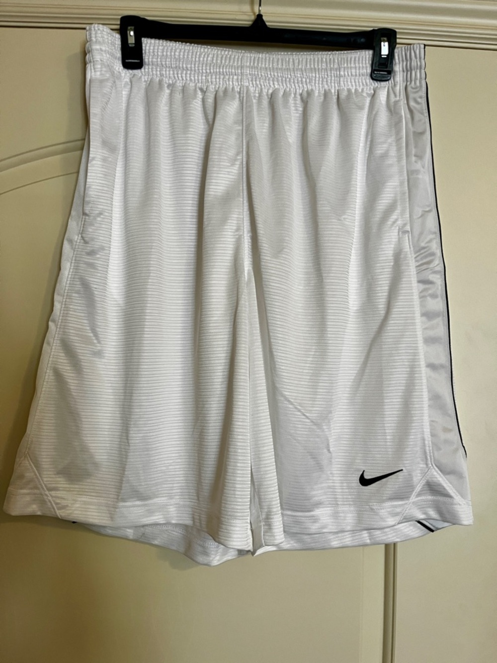 Nike Men's White Athletic Shorts with Black Swoosh
